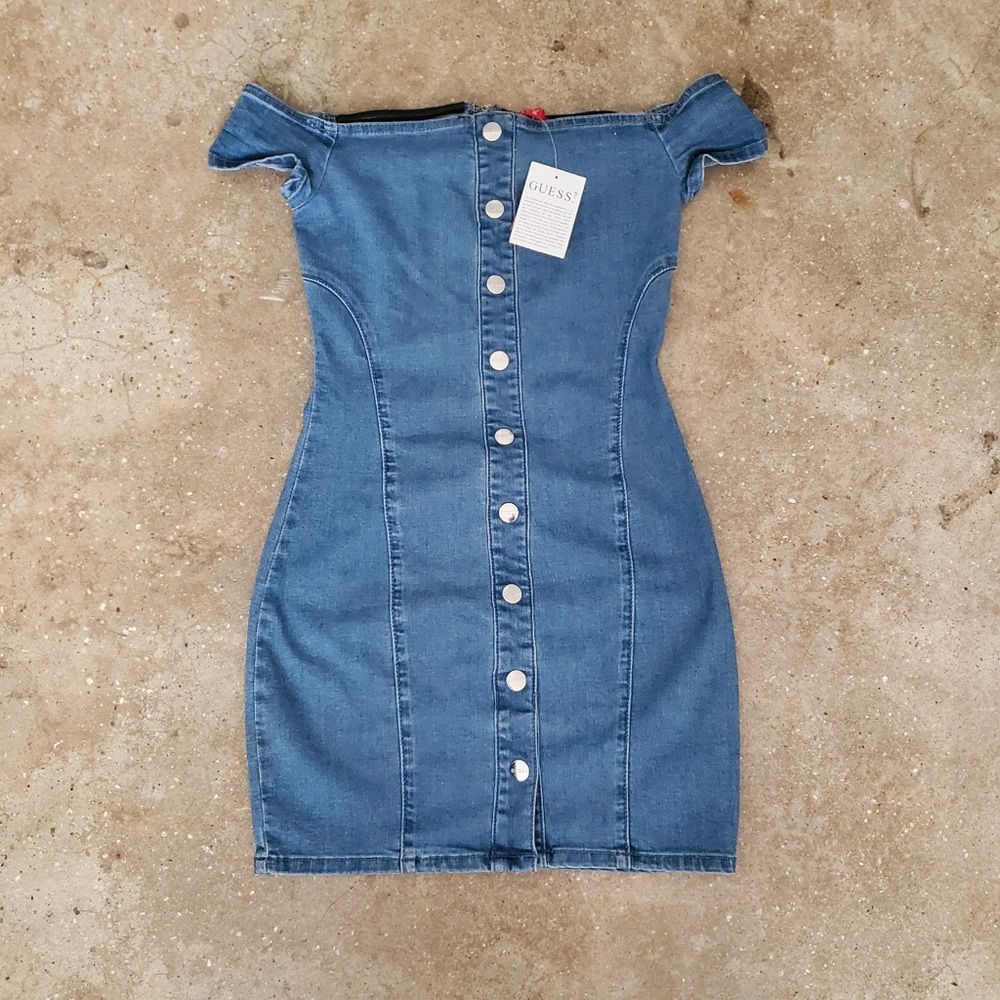 Guess Blue Denim Off-Shoulder Dress